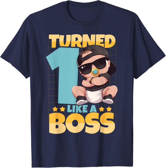 Baby 1st Birthday Boys Girls 1 Year Like a Boss Kids , Black, S T-Shirt - T-Shirt | Navy