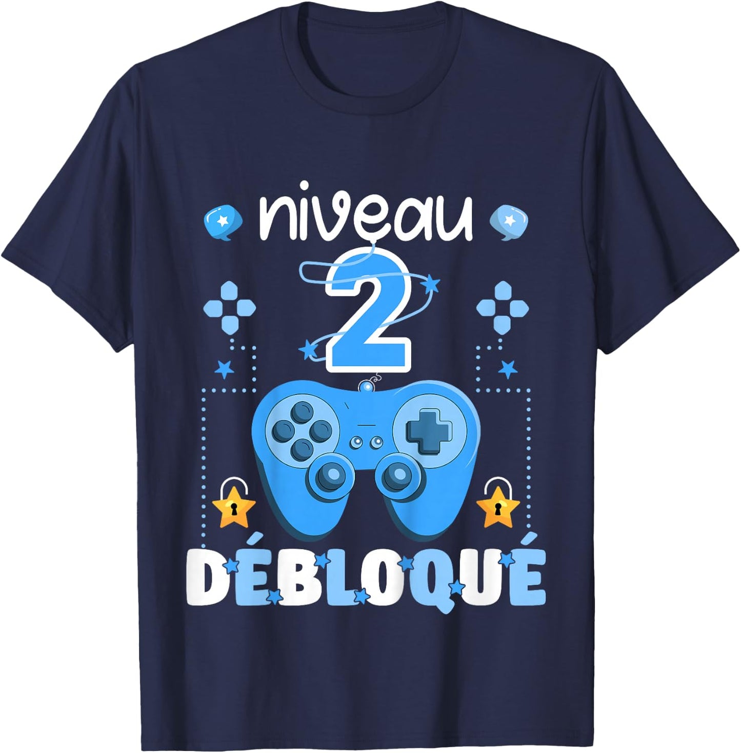 Kid Level 2 Unlocked Gaming Teen Geek Birthday 2 Years Gamer , Black, 2 T-Shirt - T-Shirt | Navy