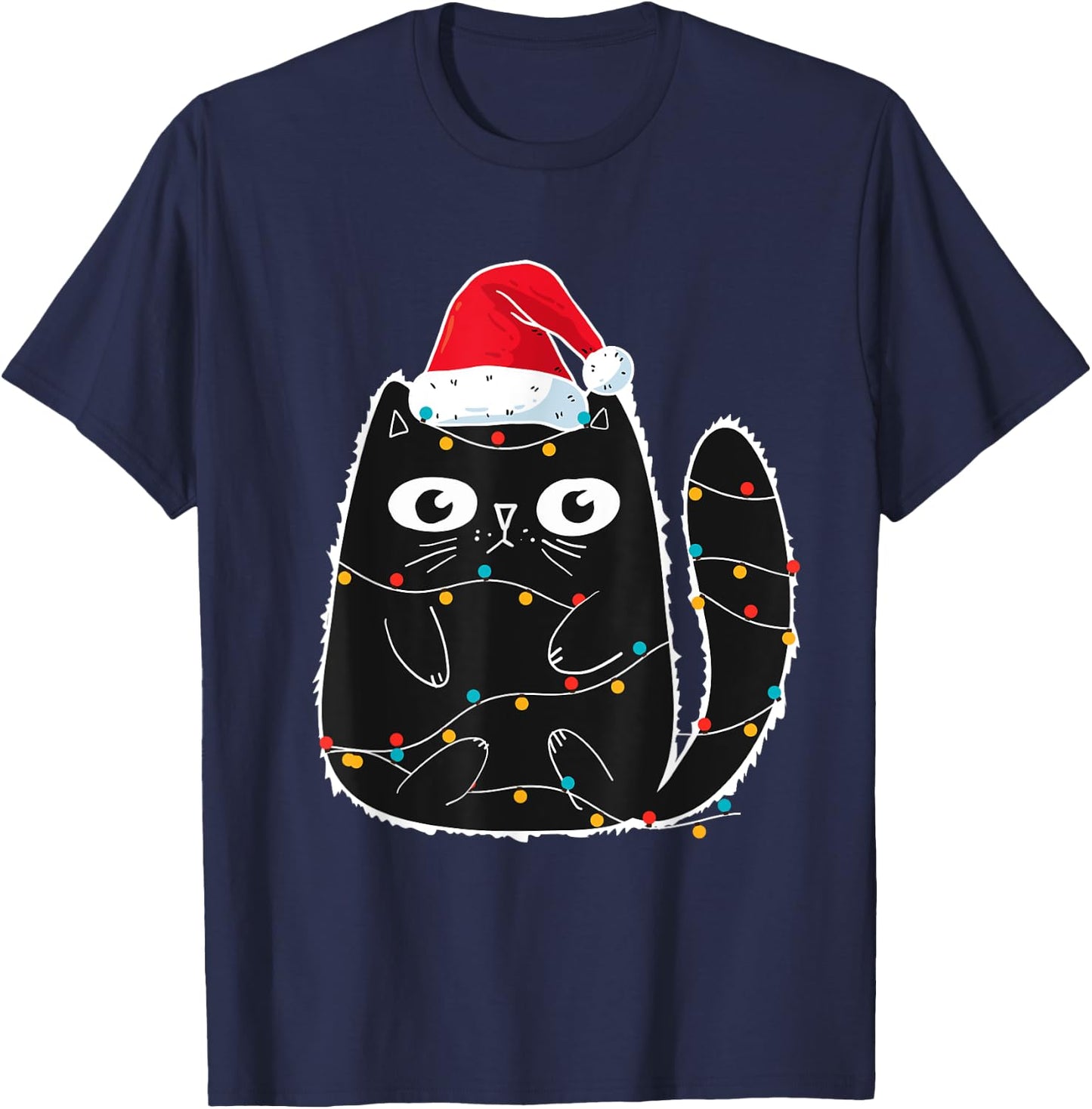 Cute Black Cat Santa Christmas Lights Meow Kitty Kitten Xmas Women Kids T-Shirt - T-Shirt | Navy
