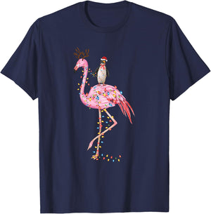 Holiday Xmas Lighting Penguin Riding Flamingo Christmas T-Shirt - T-Shirt | Navy