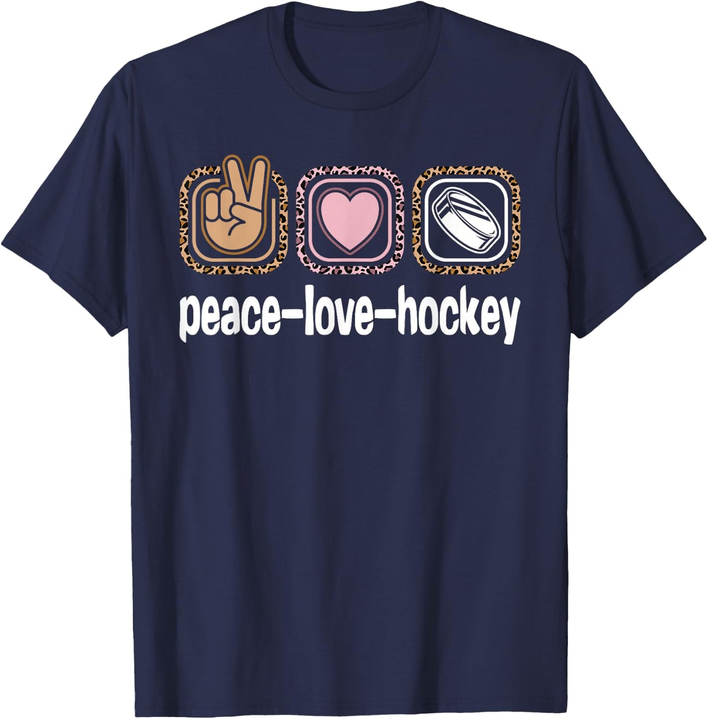 Ice Hockey Leopard Print Women Girls Kids Peace Love Hockey T-Shirt - T-Shirt | Navy