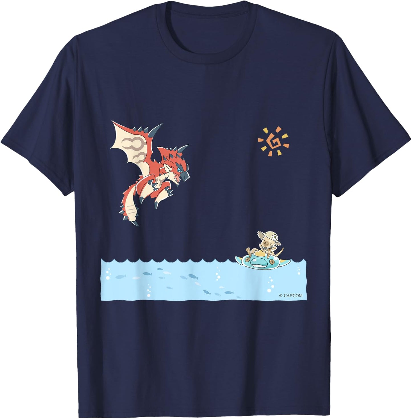 Monster Hunter Rathalos & Swimming Felyne , Black, S T-Shirt - T-Shirt | Navy
