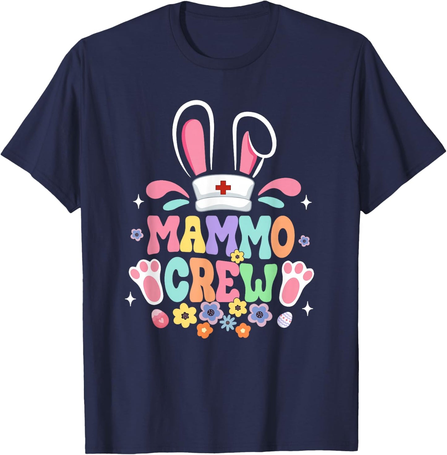 Retro Groovy Mammo Crew Mammo Tech Bunny Ear Flower Easter T-Shirt - T-Shirt | Navy