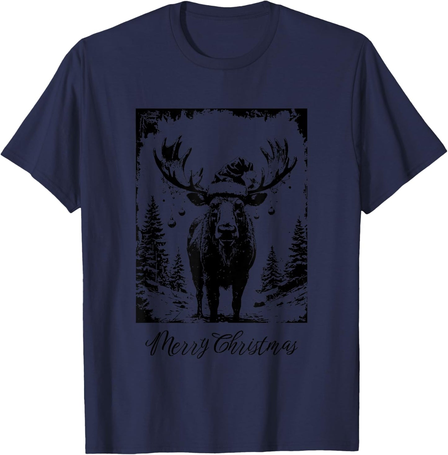 Merry Christmas Moose Decorations Distressed Grunge Design T-Shirt - T-Shirt | Navy