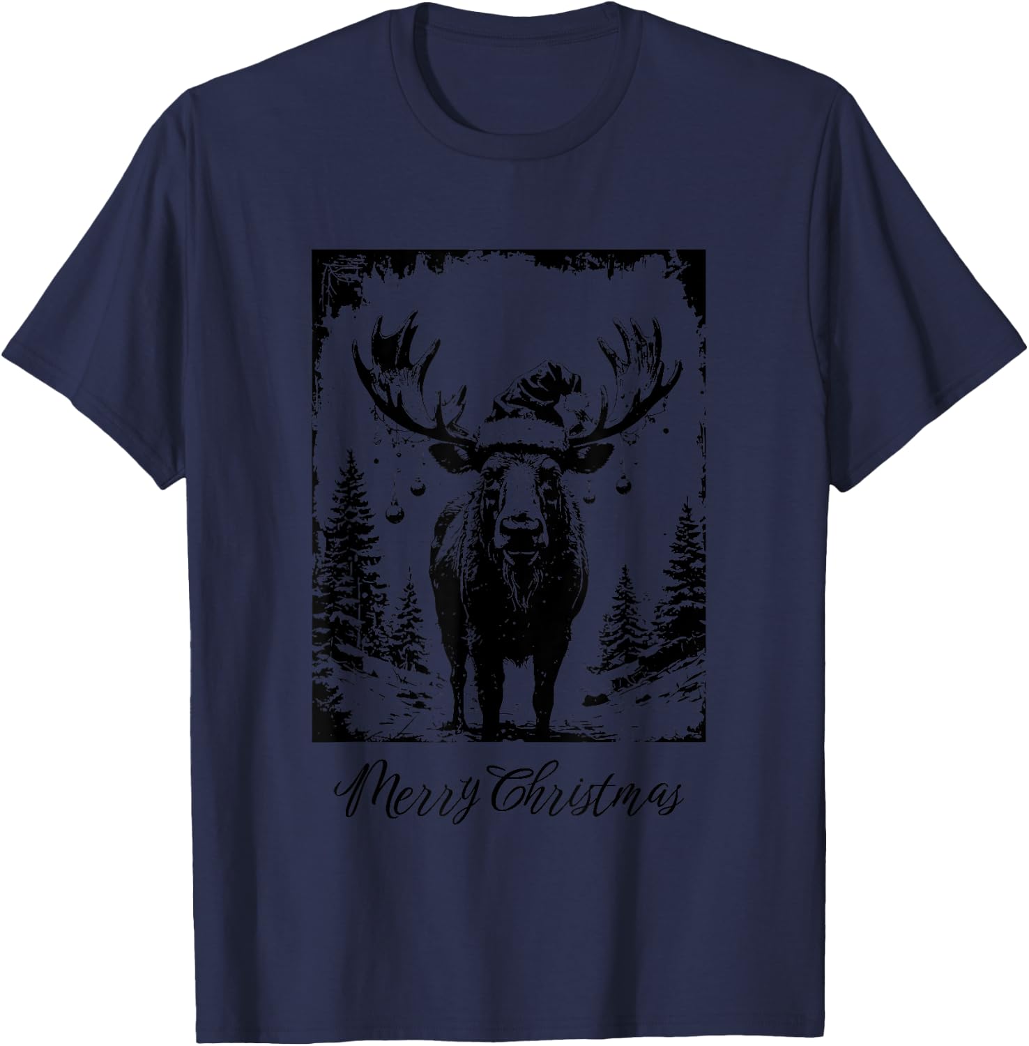 Merry Christmas Moose Decorations Distressed Grunge Design T-Shirt - T-Shirt | Navy
