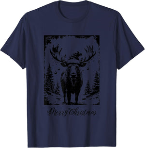 Merry Christmas Moose Decorations Distressed Grunge Design T-Shirt - T-Shirt | Navy