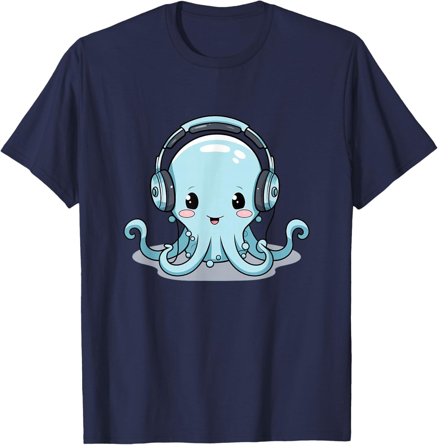 Cute Kawaii Cartoon Octopus Wearing Headphones T-Shirt - T-Shirt | Navy