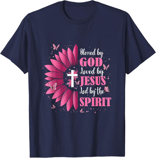 Religious Christian Flower Blessed by God Loved By Jesus T-Shirt - T-Shirt | Navy