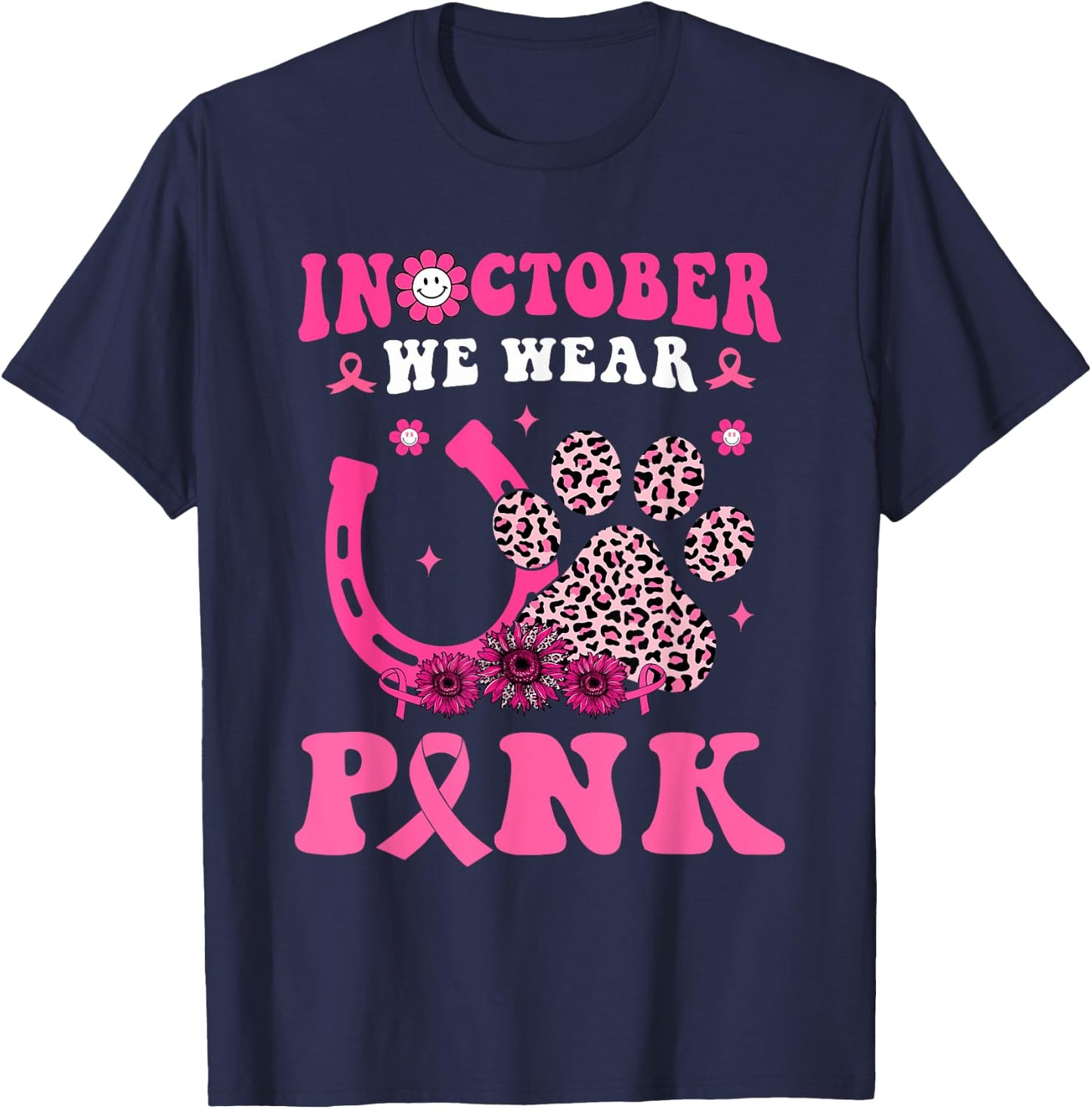 Groovy Halloween In October We Wear Pink Horseshoe & Dog Paw T-Shirt - T-Shirt | Navy
