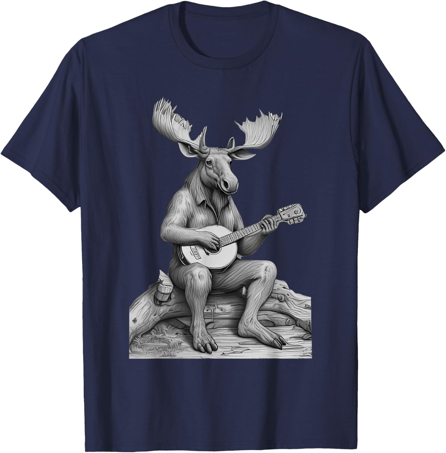 Retro Moose Playing Banjo Camping Musician Nature Lover T-Shirt - T-Shirt | Navy