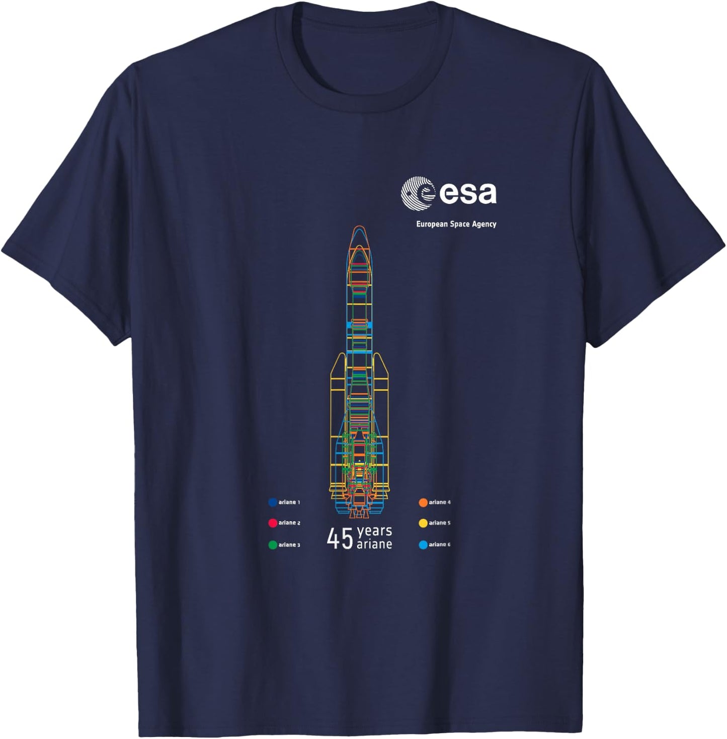 ESA European Space Agency 45 years Ariane 1-6 Rocket 1979-2024 T-Shirt - T-Shirt | Navy