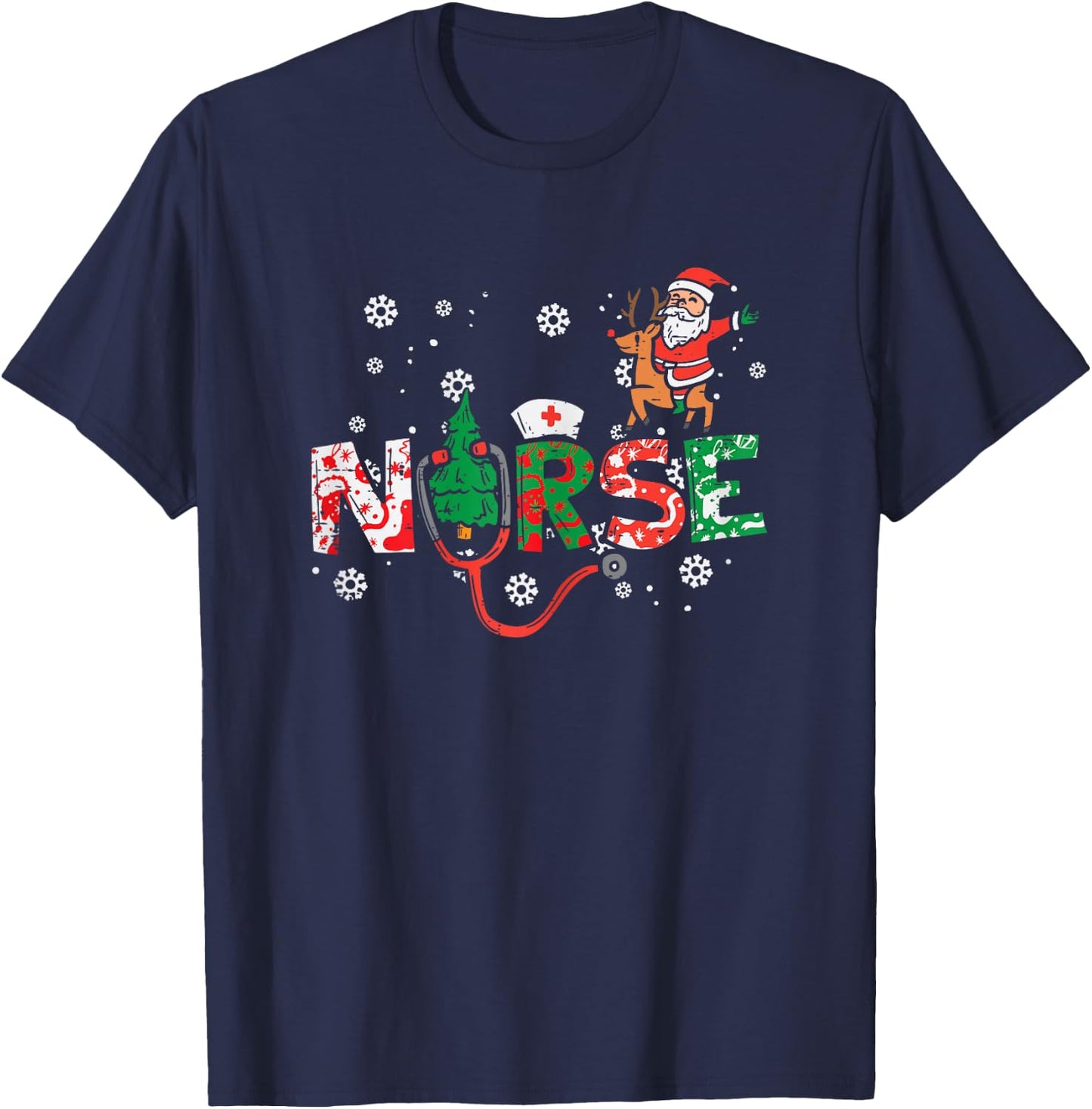 Nurse Christmas Santa Cute Xmas Winter Scrub Top Women T-Shirt - T-Shirt | Navy