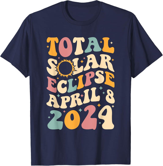 America Totality 04 08 24 Total Solar Eclipse 2024 Groovy T-Shirt - T-Shirt | Navy