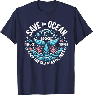 Save The Ocean Keep The Sea Conservation Plastic Free , Black, S T-Shirt - T-Shirt | Navy