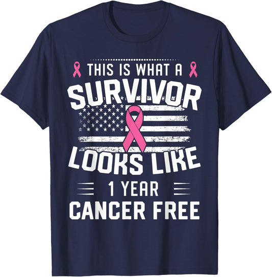 Breast Cancer 1 Year Survivor Of Being Breast Cancer Free T-Shirt - T-Shirt | Navy