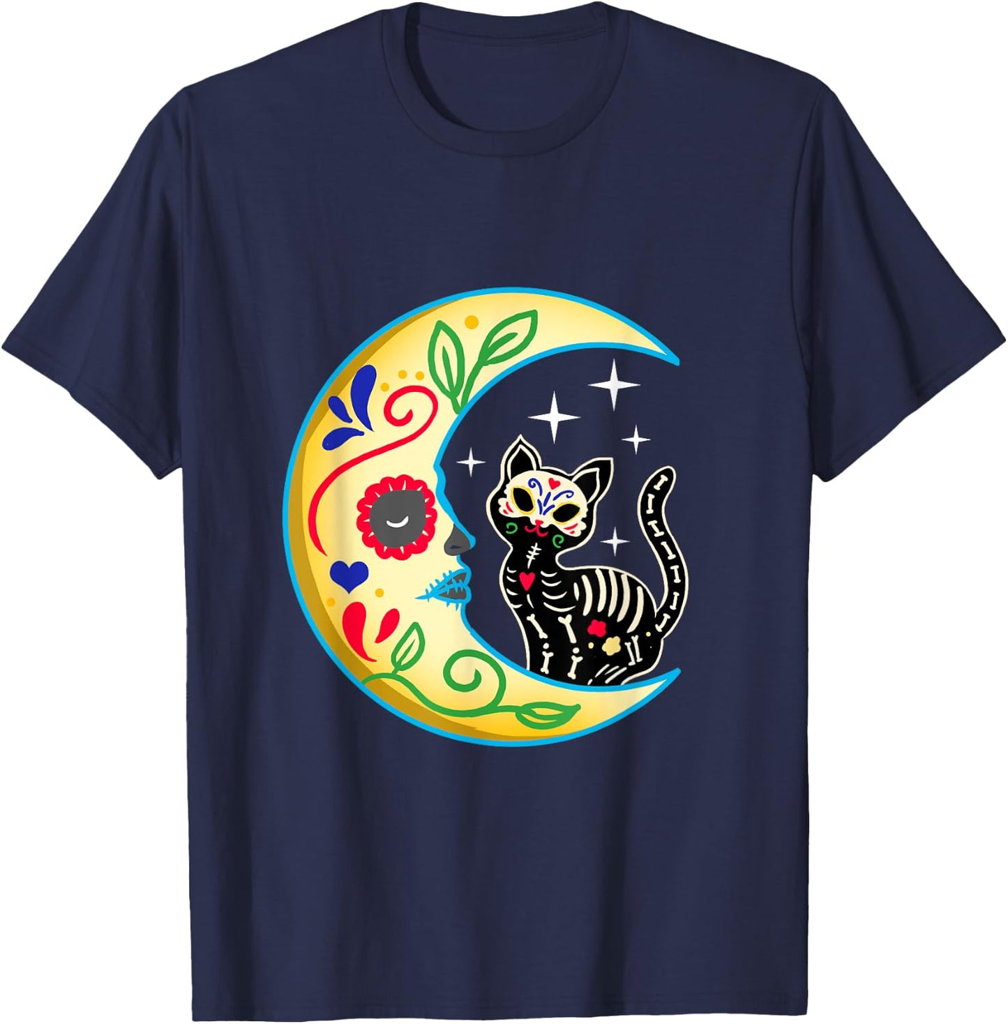 Cat & Moon Sugar Skull Dia de Los Muertos Day of The Dead Men Women Girls Kids T-Shirt - T-Shirt | Navy