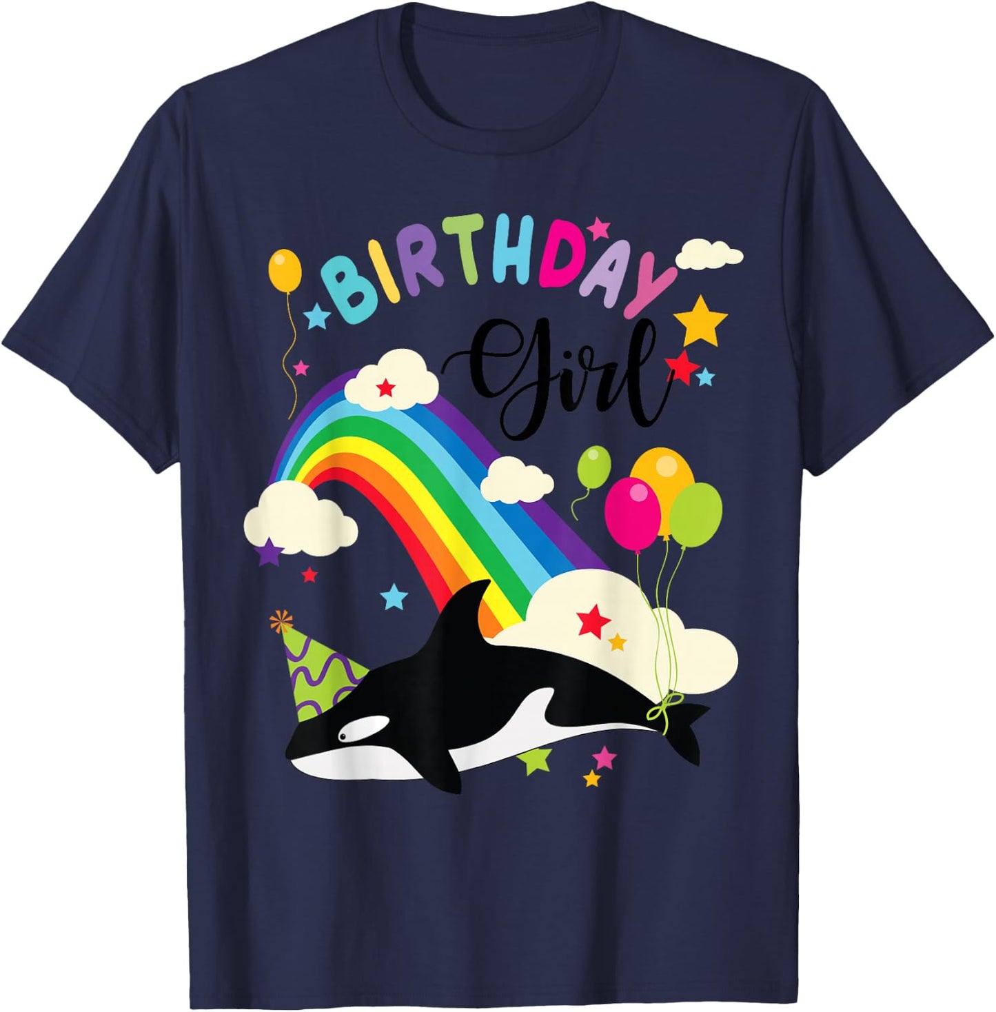 Cute Birthday Girl Orca Lovers & Killer Whale Lovers Rainbow T-Shirt - T-Shirt | Navy