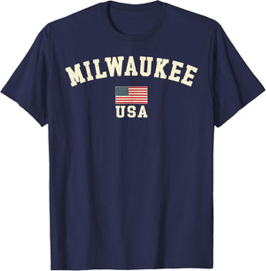 Vintage American Flag Milwaukee Wisconsin Souvenir Retro T-Shirt - T-Shirt | Navy
