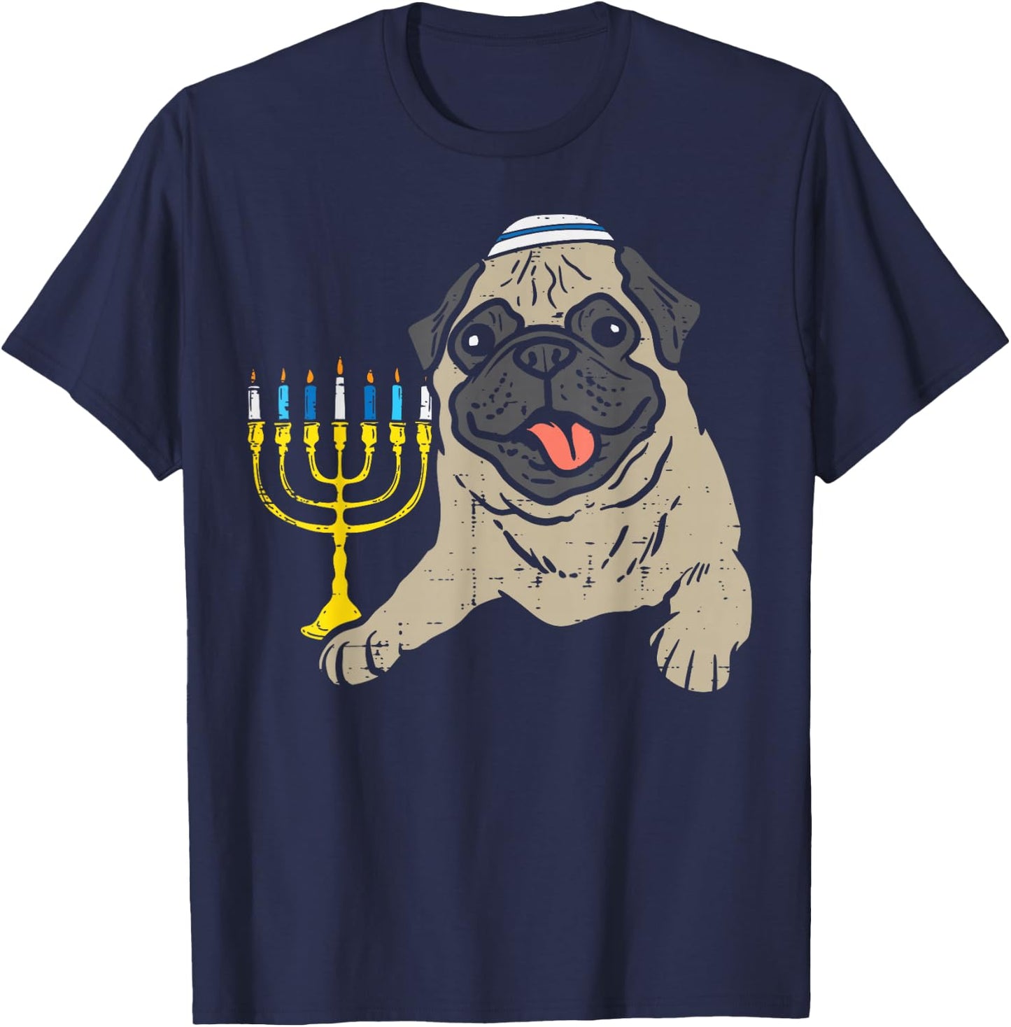 Jewish Pug Dog Menorah Hanukkah Pajamas Chanukah PJs T-Shirt - T-Shirt | Navy