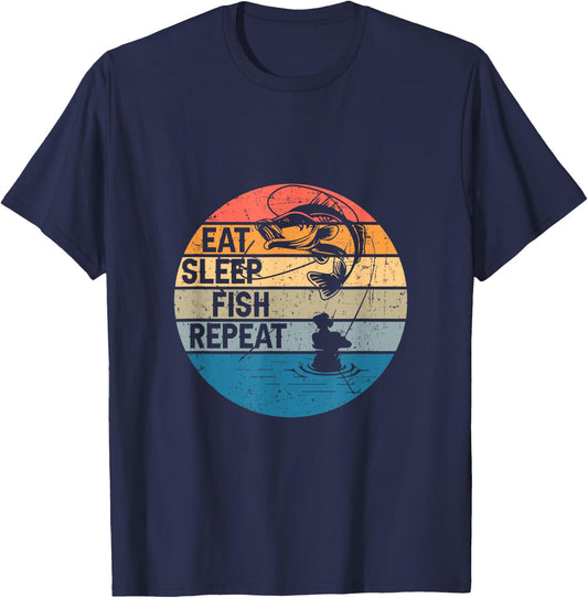 Eat Sleep Fish Repeat - Fishing Retro Funny Fishing , black, s T-Shirt - T-Shirt | Navy