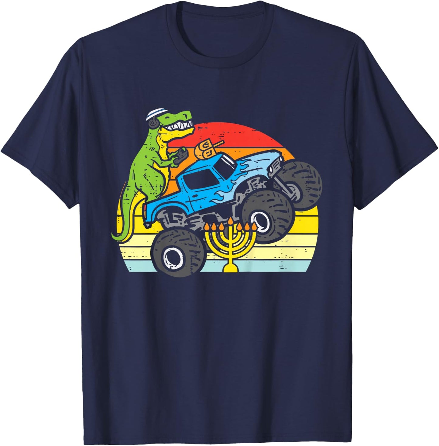 Kids Trex Dino Monster Truck Menorah Boys Hanukkah Toddler Kids T-Shirt - T-Shirt | Navy