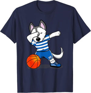 Dabbing Husky Dog Greece Basketball Fans Jersey - Greek Flag Men Women Girls Kids T-Shirt - T-Shirt | Navy