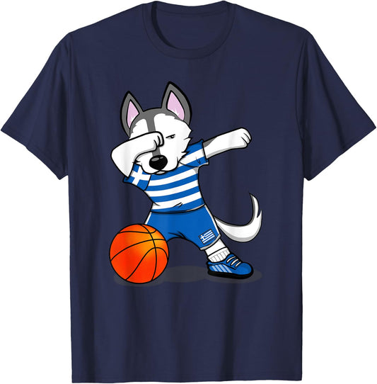 Dabbing Husky Dog Greece Basketball Fans Jersey - Greek Flag Men Women Girls Kids T-Shirt - T-Shirt | Navy