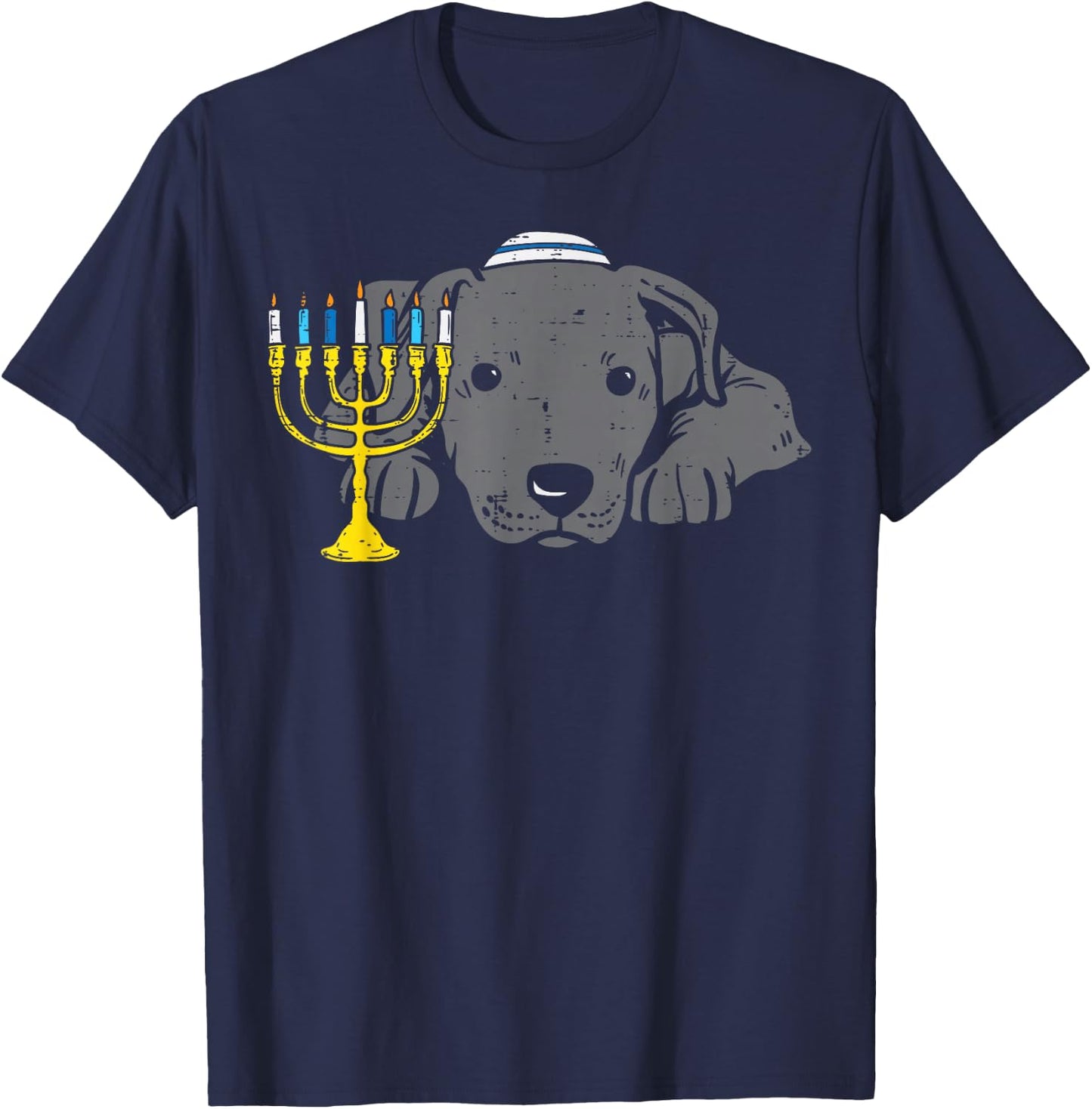 Jewish Pitbull Dog Menorah Hanukkah Pajamas Chanukah PJs T-Shirt - T-Shirt | Navy