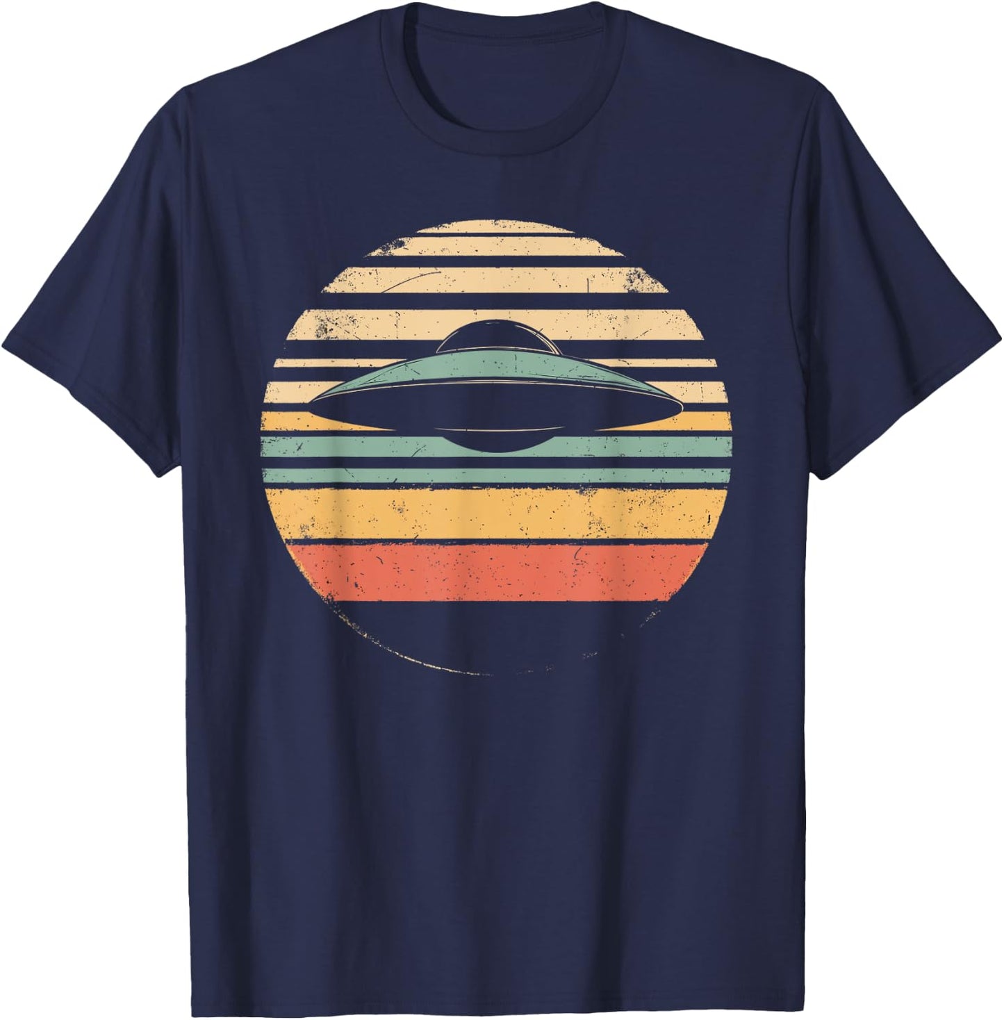 Vintage Retro Style Sunset Alien UFO Lovers Space Ship Funny T-Shirt - T-Shirt | Navy