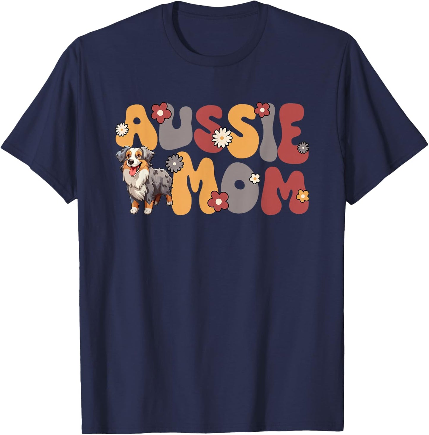 Australian Shepherd Blue Merle Groovy Aussie Mom T-Shirt - T-Shirt | Navy