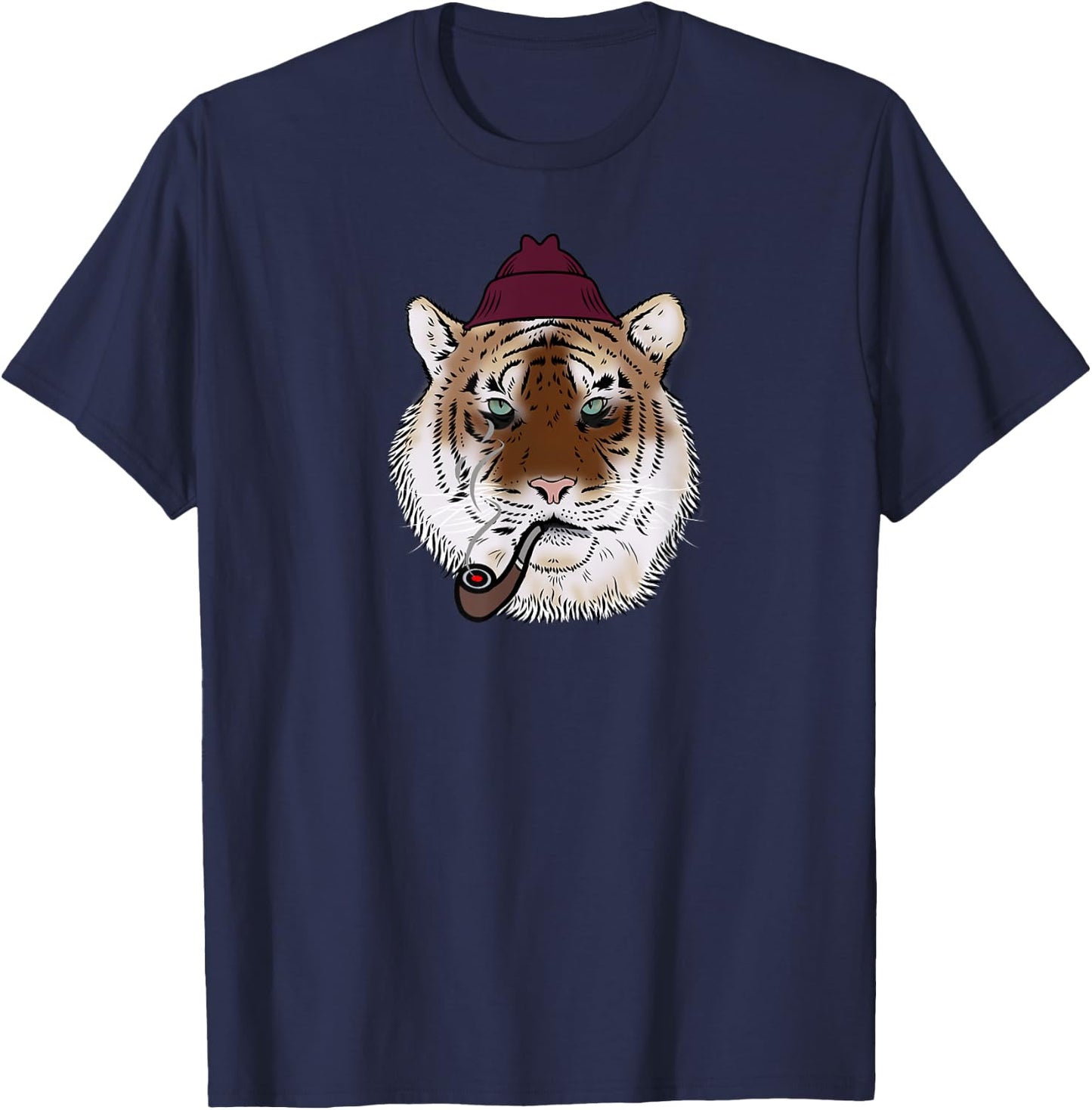 Tiger head face with a hat smoking a pipe cool big cat love T-Shirt - T-Shirt | Navy