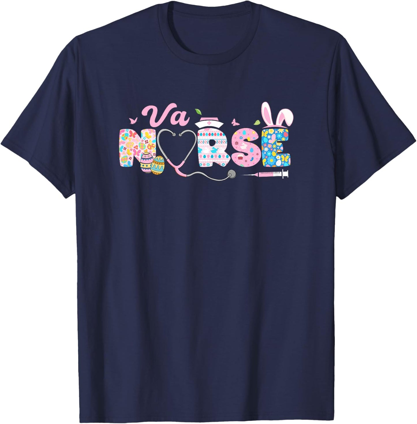 VA Nurse Easter Bunny Easter Egg Stethoscope Nurse Easter T-Shirt - T-Shirt | Navy