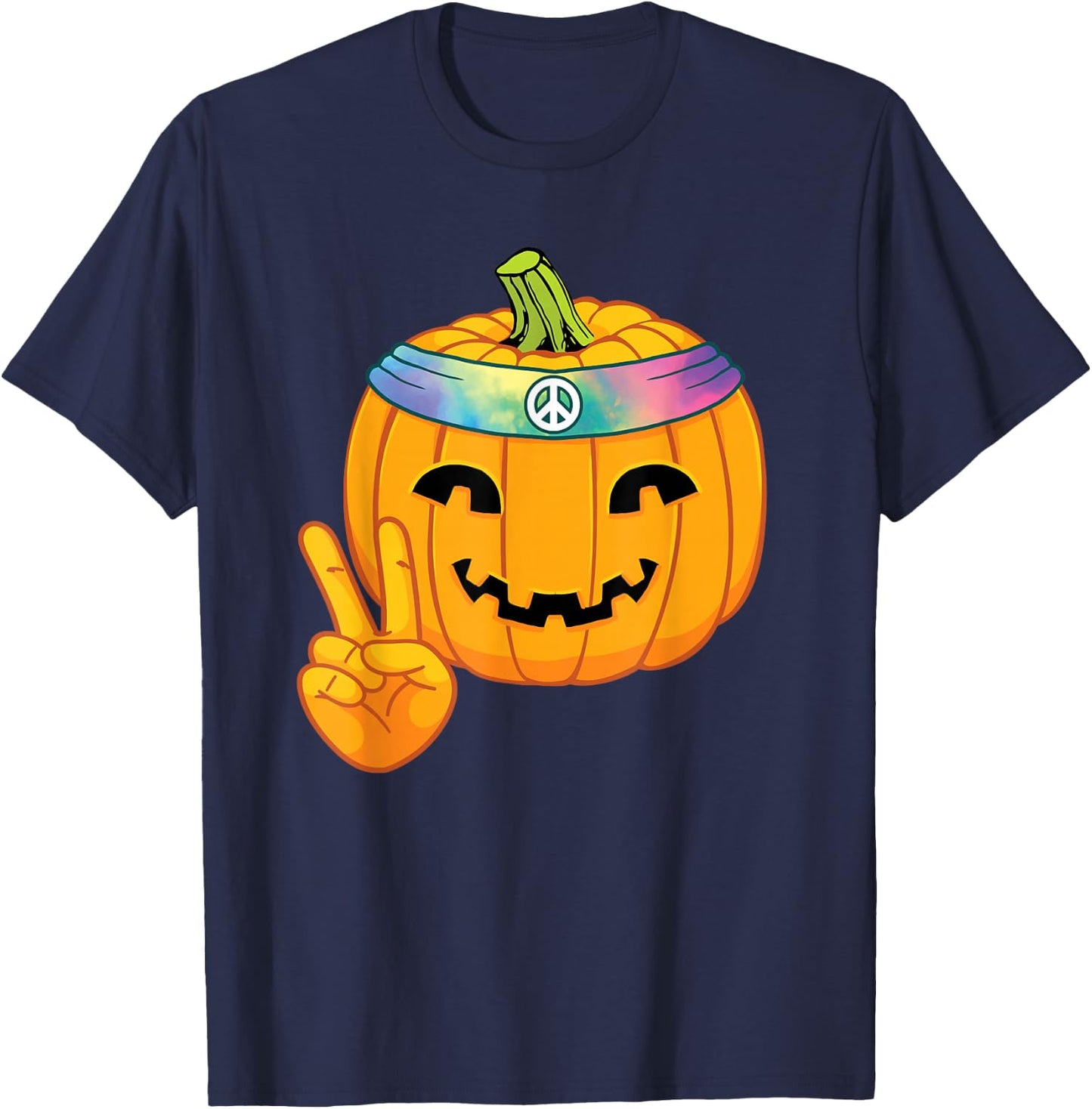Hippie Halloween Pumpkin Peace Sign Hand Headband Tie Dye T-Shirt - T-Shirt | Navy