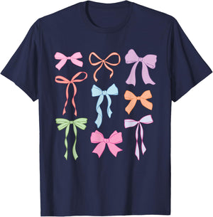Cute Colorful Coquette Groovy Bow Happy Bow March Ribbon Bow T-Shirt - T-Shirt | Navy