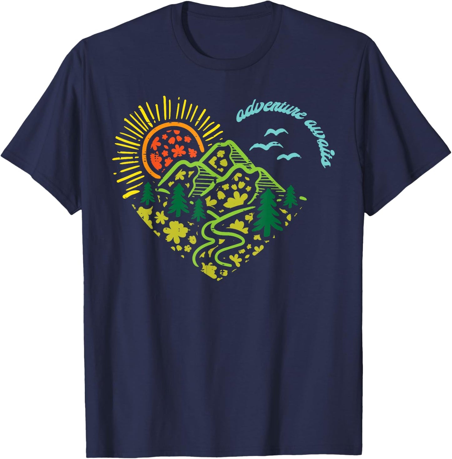 Adventure Awaits Mountains Sun Camping Hiking Women Kids Men T-Shirt - T-Shirt | Navy