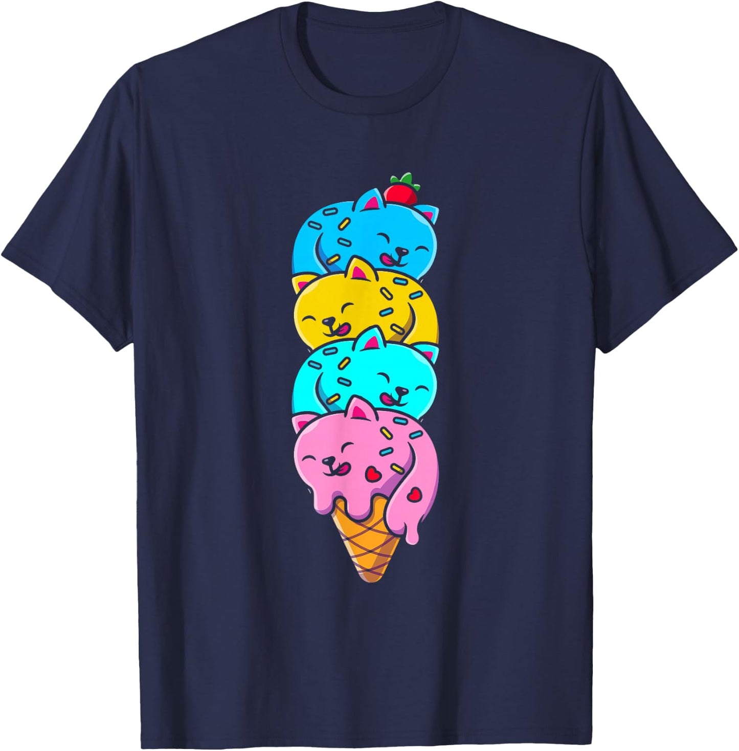 Cat Funny Cute Cat Ice Cream Woman Cute Men Kids T-Shirt - T-Shirt | Navy