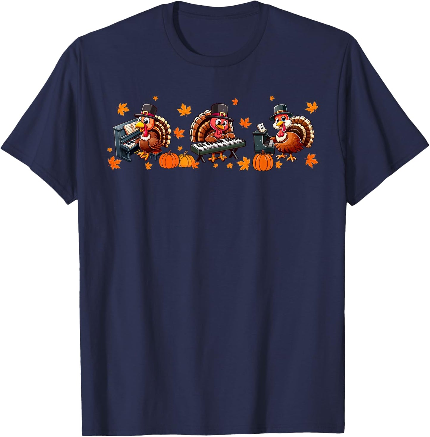 Three Thanksgiving Turkeys Playing Piano Instrumentalist T-Shirt - T-Shirt | Navy