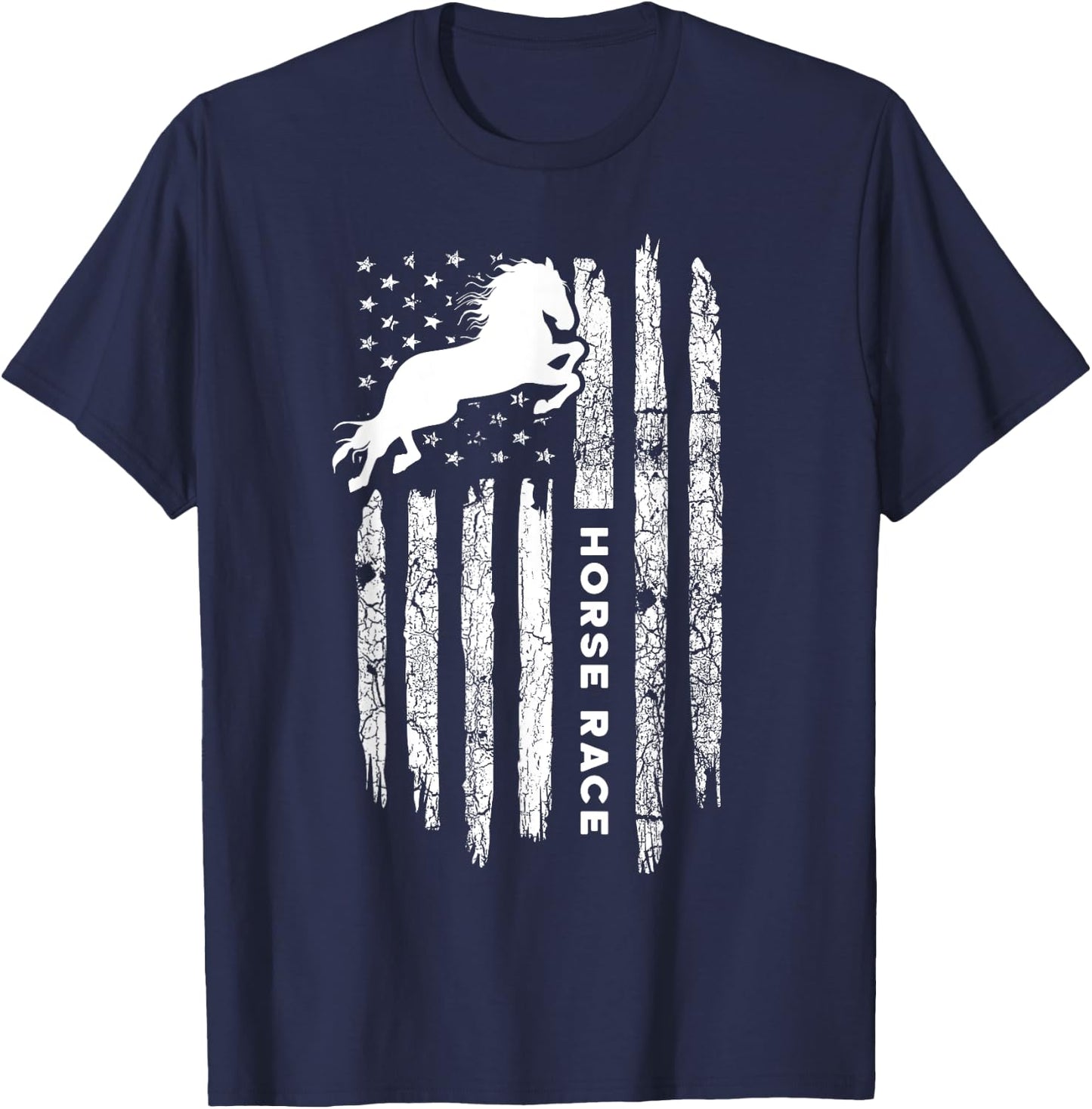 American Flag Horse Race Apparel - Vintage Horse Racing T-Shirt - T-Shirt | Navy