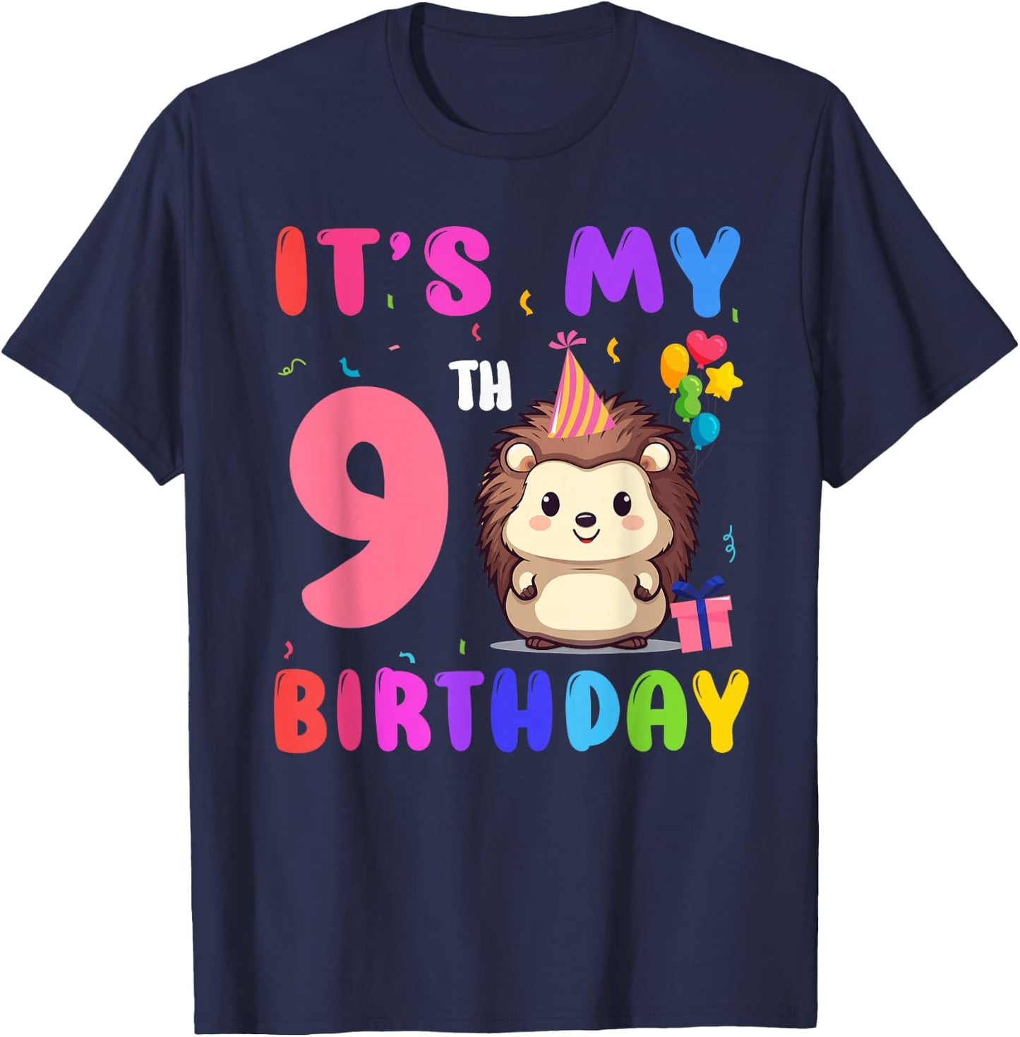 It’s My 9th Birthday Hedgehog Animal 9 Years Old Kids T-Shirt - T-Shirt | Navy
