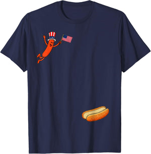 Hotdog Freedom Dive Funny Uncle Sam Hot Dog Jumping Into Bun T-Shirt - T-Shirt | Navy