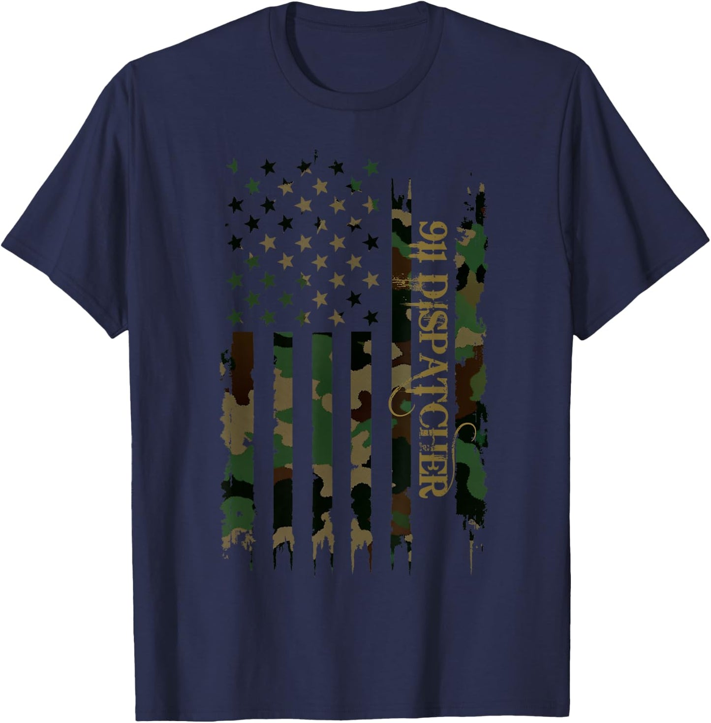 911 Dispatcher United States Distressed Camo w US Flag T-Shirt - T-Shirt | Navy