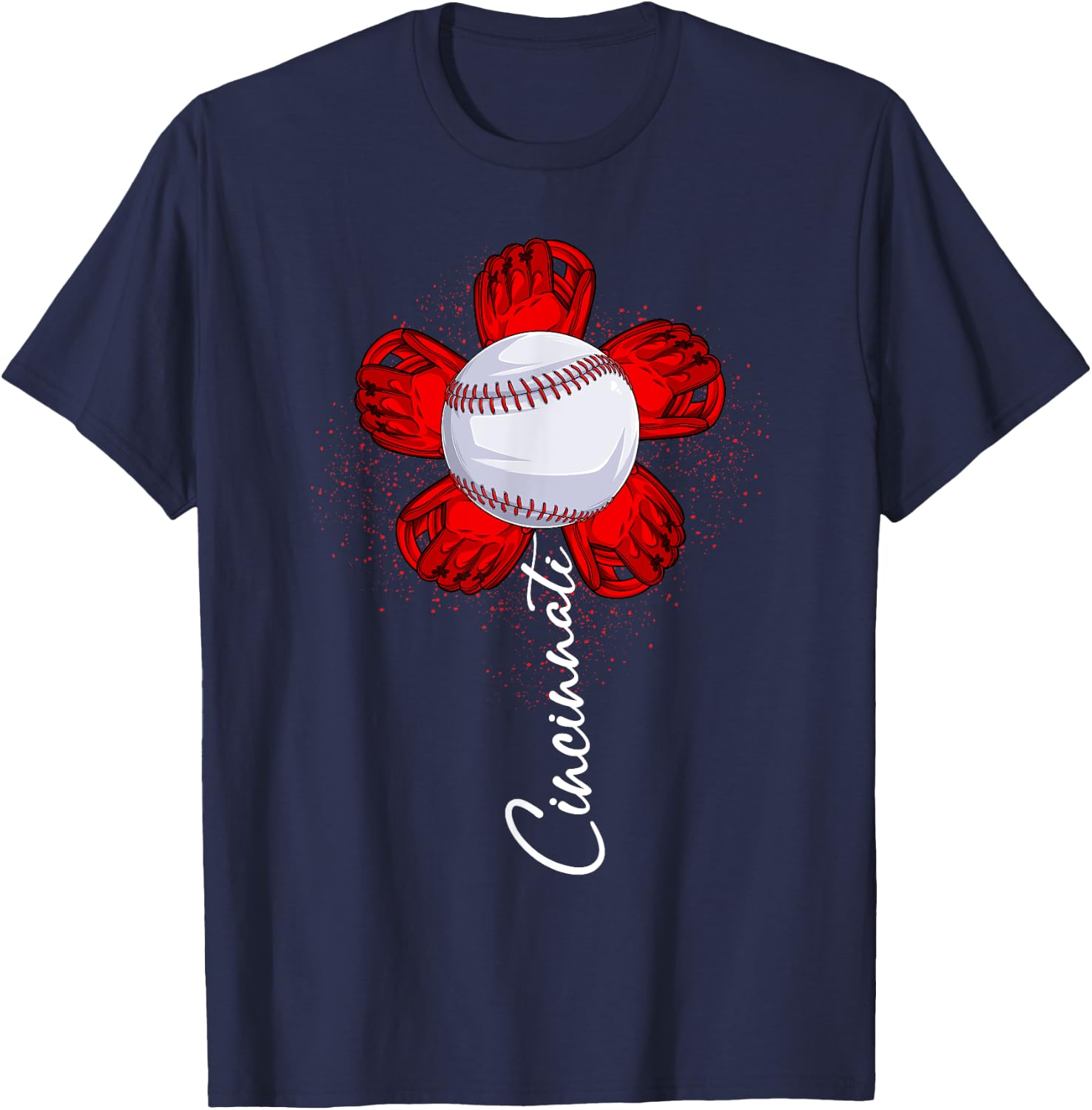 Cute Flower Cincinnati Retro Baseball Lover Game Day T-Shirt - T-Shirt | Navy