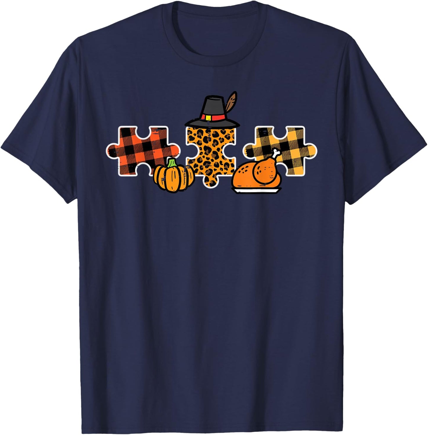 Thanksgiving Autism Awareness Puzzle Fall Women Men Kids T-Shirt - T-Shirt | Navy
