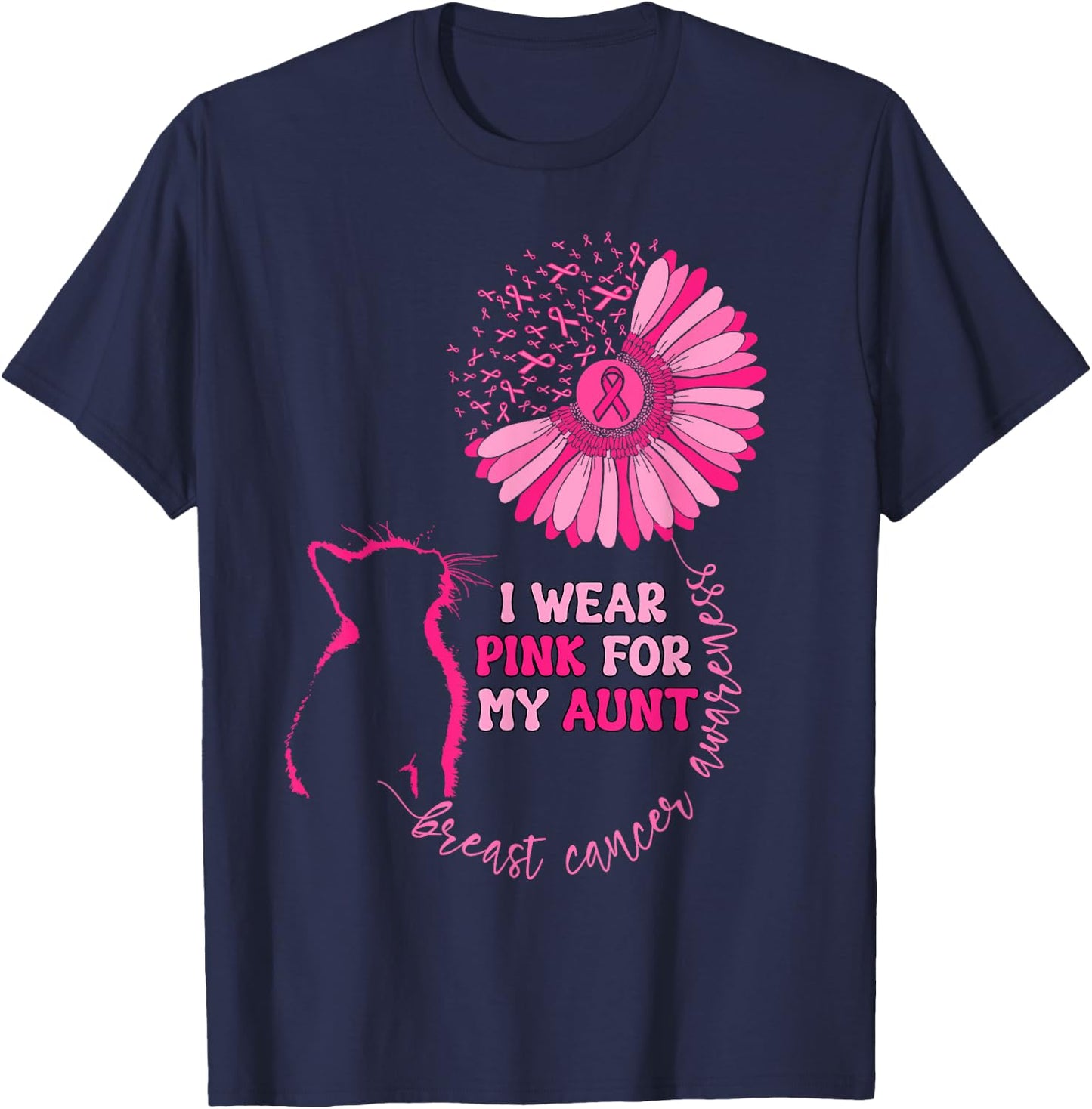 Groovy I Wear Pink For My Aunt Breast Cancer Awareness Cat Women Girls Kids T-Shirt - T-Shirt | Navy