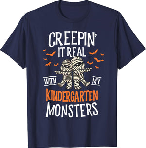 Creepin It Real Kindergarten Monsters Halloween Teacher T-Shirt - T-Shirt | Navy