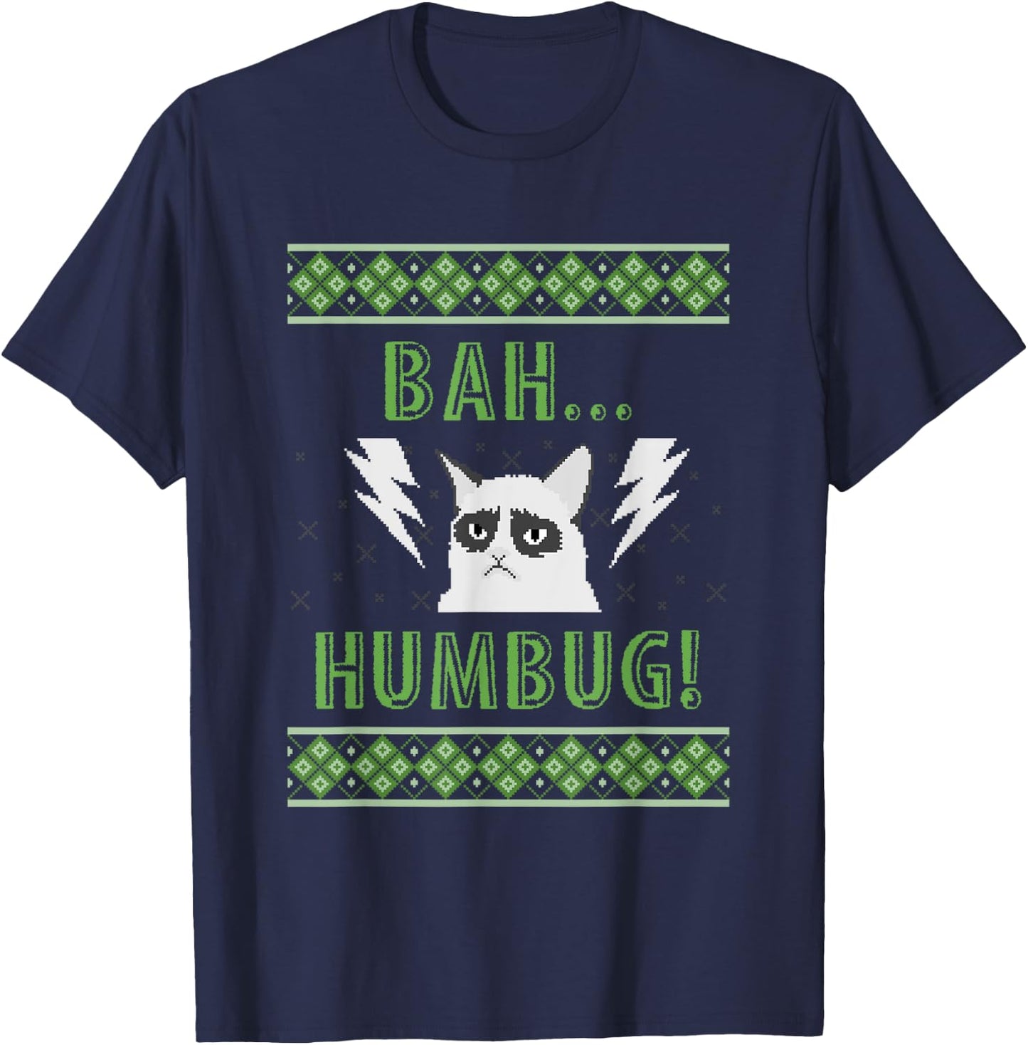 Bah Humbug Grouchy Cat Ugly Christmas Sweater Style T Shirt Women Kids T-Shirt - T-Shirt | Navy