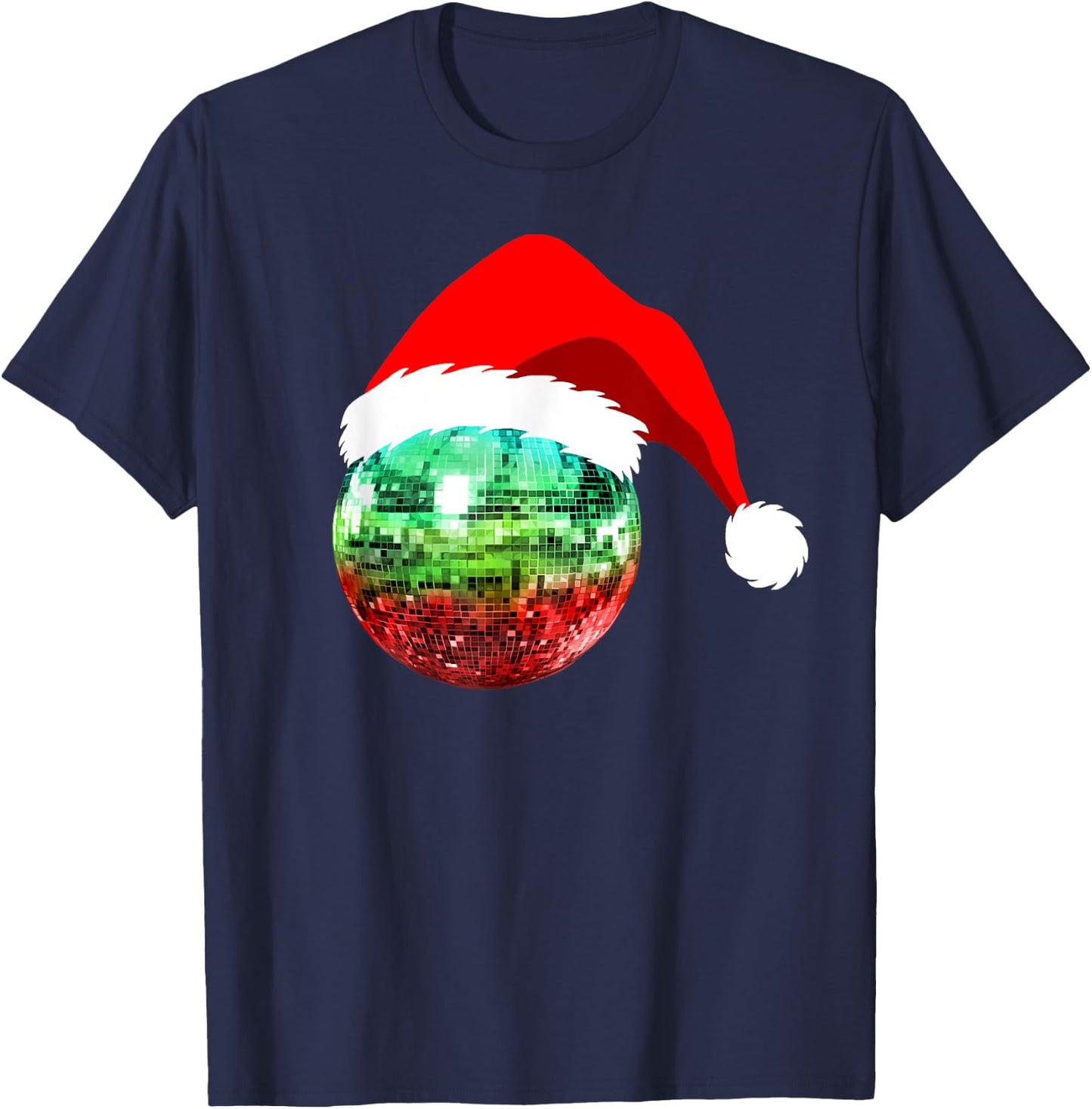 Red and Green Santa Christmas Disco Ball T-Shirt - T-Shirt | Navy
