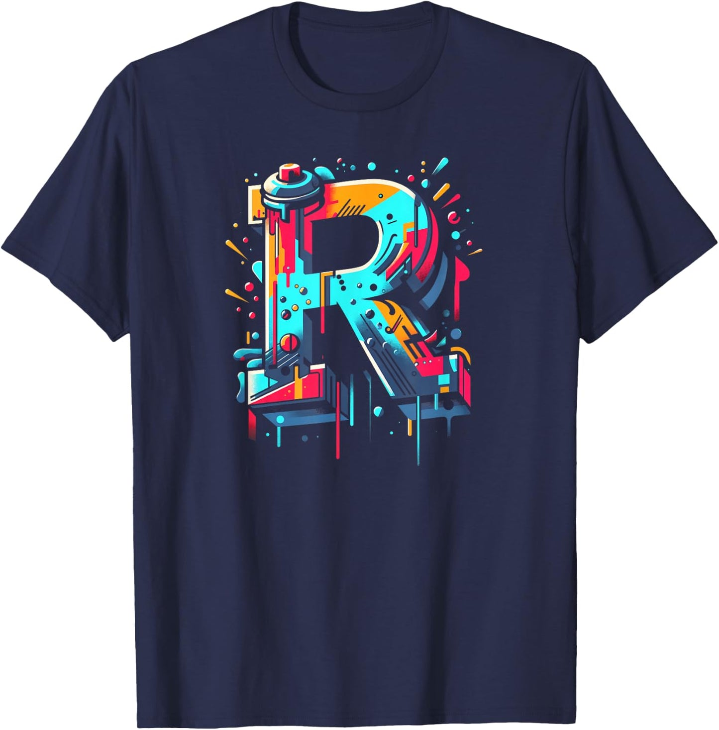 Initial Letter R with Name in Graffiti Style Art T-Shirt - T-Shirt | Navy