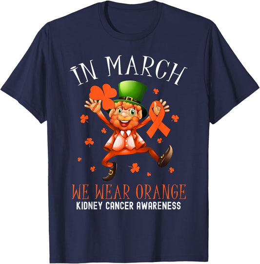 In March We Wear Orange Leprechaun Kidney Cancer Awareness T-Shirt - T-Shirt | Navy