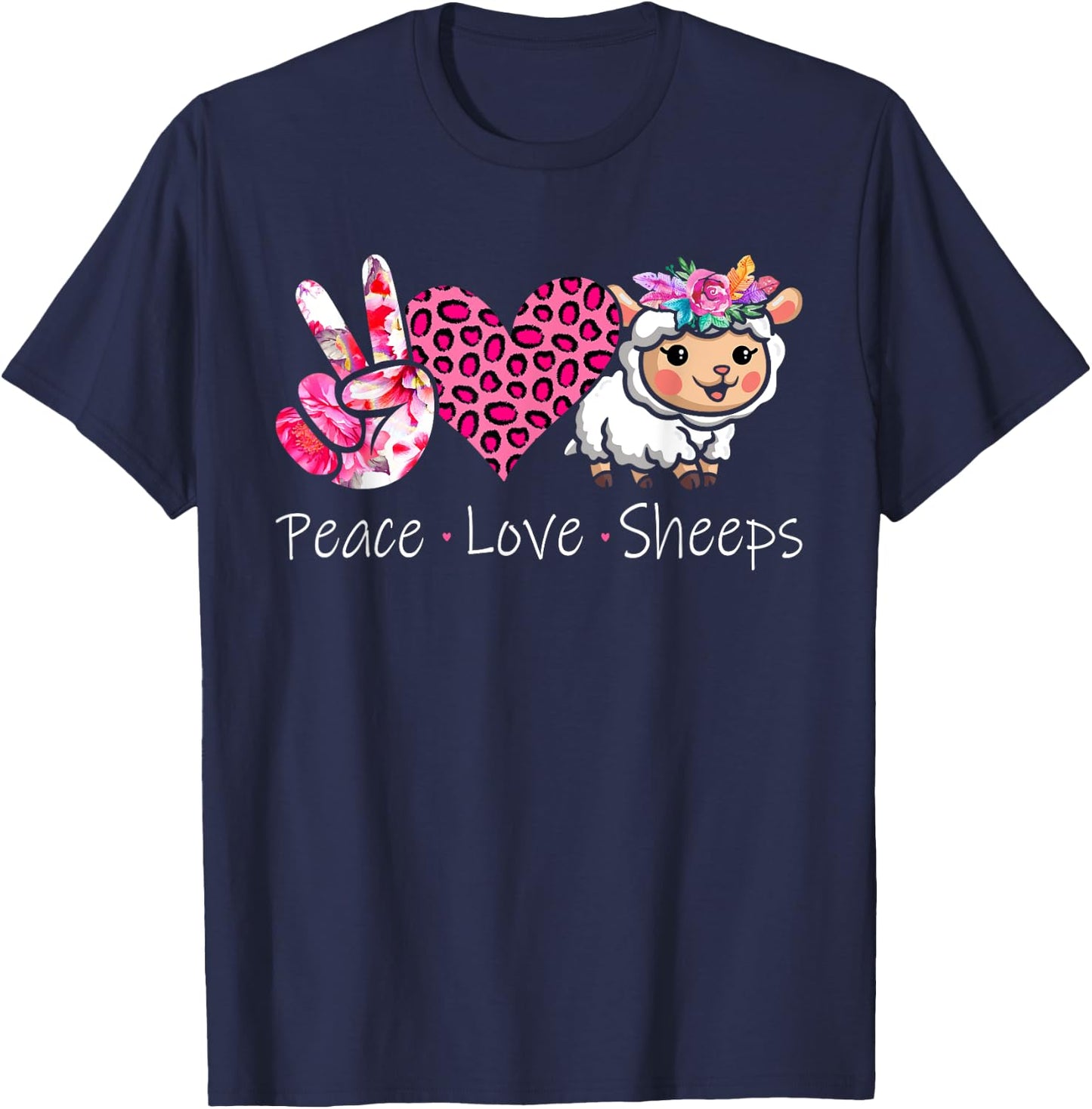 Peace Love Sheeps Peace Hand Sign Heart Floral Sheep Farmer T-Shirt - T-Shirt | Navy